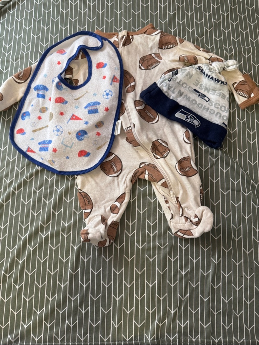 wonder nation Beige Football Print Footie with Seattle Sea Hawks Hat & Bib